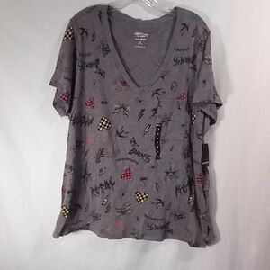 Torrid Gray Metal Doodles Heritage Slub V-Neck Pocket Tee Size 2X NWT